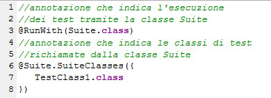 Figura 18 - Esempio di annotazioni per la creazione di una test suite con JUnit.