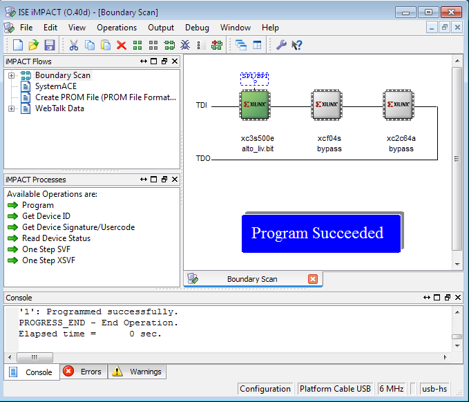 vuole programmare con il bitstream adatto. In centro a sinistra è presente un pannello chiamato impact Processes, che visualizza le possibili operazioni eseguibili sul componente selezionato.