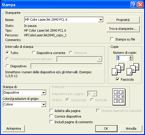 Questa finestra contiene la sezione Stampante (1) in cui specificare la stampante da utilizzare o, se non se ne ha una a disposizione, permette di creare un file di stampa.