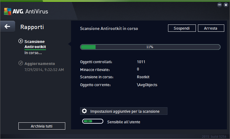 Avvio della scansione Esegui la ricerca di rootkit nel computer può essere avviato direttamente dalla finestra di dialogo Opzioni di scansione facendo clic sul pulsante Esegui la ricerca di rootkit