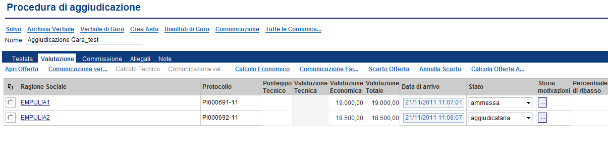 Valutazione delle offerte - Apertura della busta amministrativa secondo l ordine di arrivo; - Solo per le offerte ammesse si procede all apertura delle offerte economiche; - Il sistema calcolerà