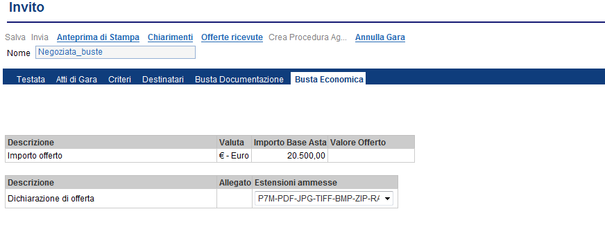 Busta economica La busta economica permette di inserire il valore dell