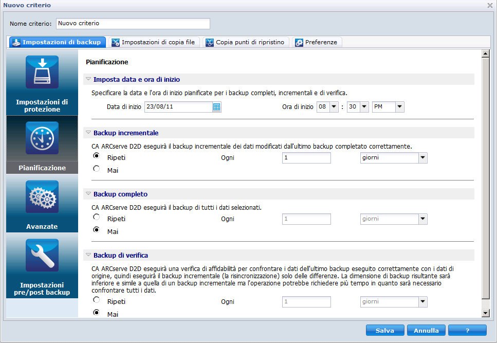 Modalità di gestione dei criteri CA ARCserve D2D 3. Fare clic sulla scheda Pianificazione.