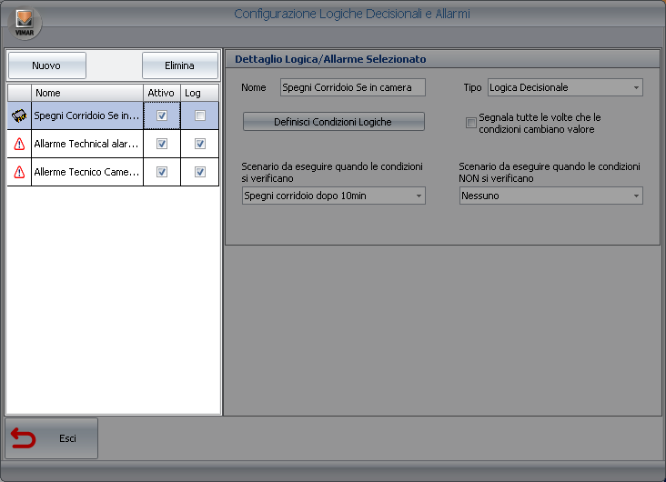 Nota: se nella sezione Configurazione ETS sono stati configurati degli indirizzi come Allarmi, questi compariranno nella lista degli allarmi della finestra Configurazione Logiche Decisionali e