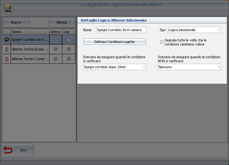 a. Nome. Una stringa alfanumerica che identifica la logica. b. Tipo. La finestra Configurazione Logiche Decisionali e Allarmi consente di configurare sia gli allarmi sia le logiche decisionali.