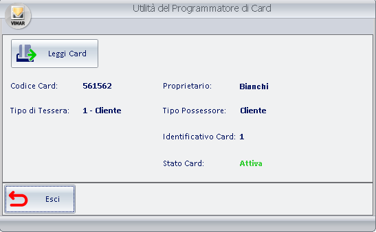 I dati visualizzati sono di seguito descritti: a. Codice Card: è il codice che il software assegna in modo automatico ad ogni tessera programmata. b.