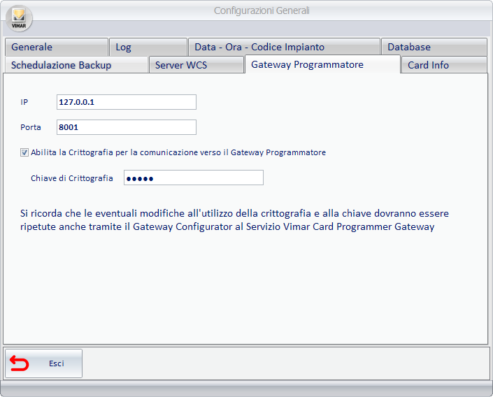 Abilitazione della crittografia nella comunicazione con programmatore di card. E possibile abilitare la criptazione della comunicazione tra il client e il programmatore di card.