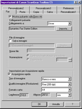 Impostazioni schede Se si fa clic sul pulsante [Impostazioni], viene visualizzata la finestra di dialogo Impostazioni di Canon ScanGear Toolbox CS, che presenta una scheda per ogni pulsante.