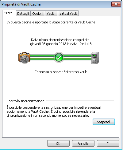 Gestione dell'archiviazione con Enterprise Vault Sincronizzazione del Vault Cache 43 Per sospendere o riprendere la sincronizzazione 1 Fare clic sulla scheda File e quindi su Enterprise Vault.