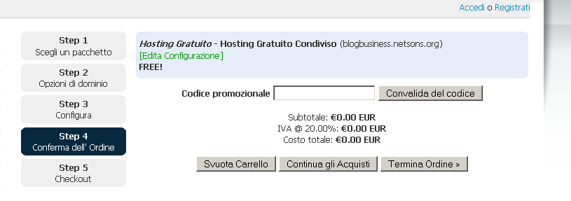 Aggiungi al carrello il dominio gratuito: Clicca su «Termine