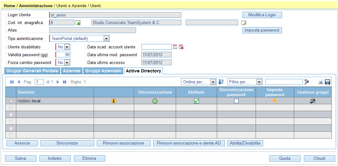 In Amministrazione / Utenti e Aziende / Utenti è ora disponibile la scheda Active Directory dove