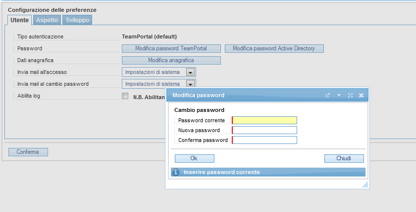 In Preferenze / Utente il pulsante Modifica Password TeamPortal permetterà la modifica