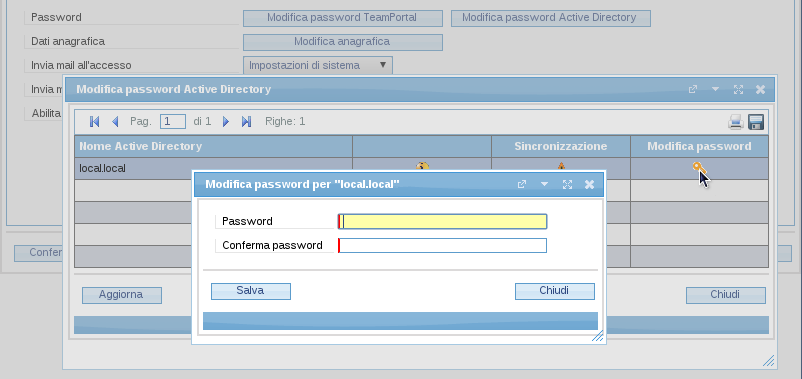 Un ulteriore pulsante permette la modifica password (Modifica password Active Directory) per gli AD