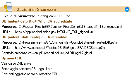 Questo pannello mostra le informazioni principali relativamente alle opzioni di security correntemente attive.