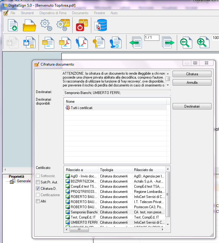 DigitalSign include sempre nella lista di questi destinatari lo stesso autore del messaggio, in modo che esso possa sempre leggere il contenuto del documento.