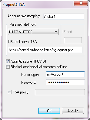 La schermata di configurazione per la modalità RFC3161 si presenta come segue: In generale si utilizzeranno i parametri di default: protocollo http o https e autenticazione RFC3161 attiva, in modo da