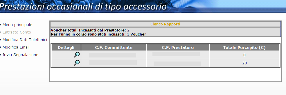 1.1.7 PEA Estratto conto relativo al prestatore A seguito dell autenticazione del lavoratore, la procedura prospetta a video la seguente schermata, dove sono riepilogati tutti i Codici Fiscali dei