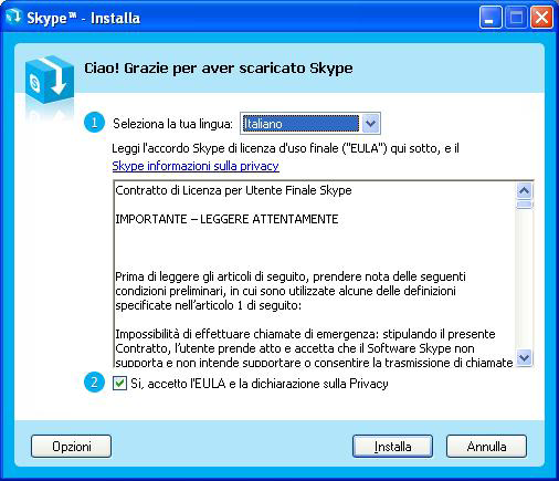 Freecom nternet Phone 1 2. Dopo avere letto l accordo di licenza, scegliere Si, accetto l EULA e la dichiarazione sulla Privacy. 8 Scegliere Opzioni per continuare.