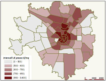 Mappa 9 Rappresentazione cartografica del Comune di Milano per intervalli di prezzo dei depositi/magazzini nel I semestre 2013 13 Fonte: elaborazioni GeoPrice Real Estate di OSMI Borsa Immobiliare su