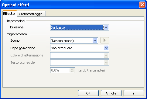 attribuiamo all oggetto l animazione che preferiamo, scegliendo fra le molteplici proposte della finestra di dialogo Animazione personalizzata ; la finestra di dialogo Animazione personalizzata