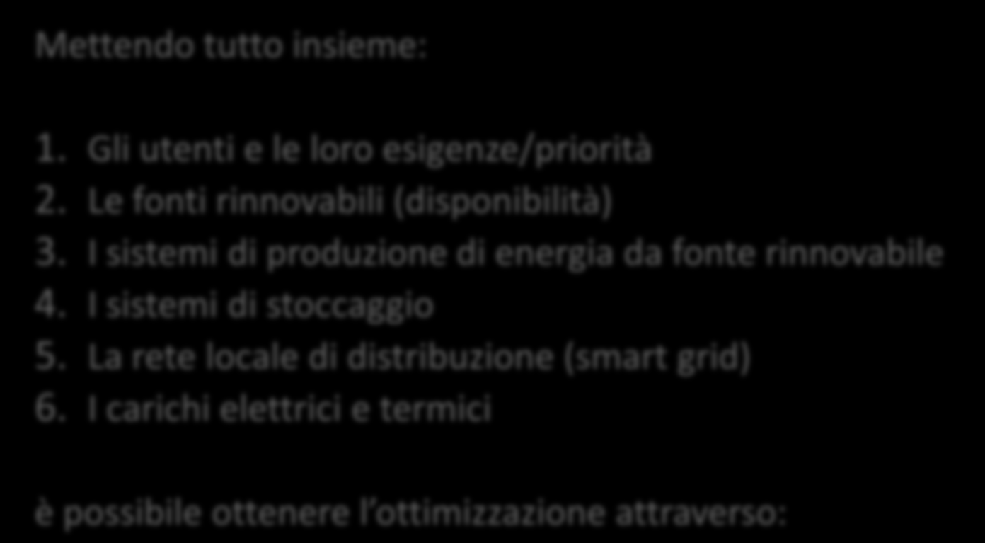 L ISOLA ENERGETICA Mettendo tutto insieme: 1. Gli utenti e le loro esigenze/priorità 2. Le fonti rinnovabili (disponibilità) 3. I sistemi di produzione di energia da fonte rinnovabile 4.