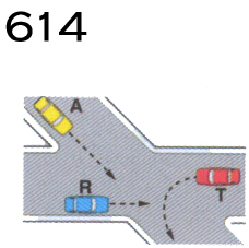 veicolo E dà la precedenza al veicolo N 04008) Nell'incrocio rappresentato nella fig 614 V01) il veicolo T passa per ultimo V02) il veicolo R passa per primo V03) il veicolo A dà la precedenza al