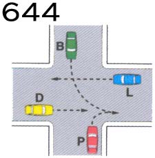 moderare la velocità F08) i veicoli B e S passano contemporaneamente 04014) Giungendo all'incrocio rappresentato in fig 644 V01) il veicolo P passa per primo V02) il veicolo D dà la precedenza al