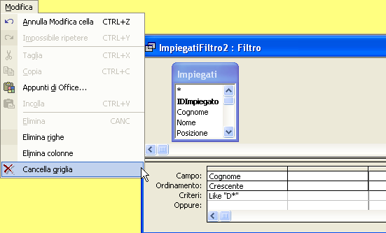 Cliccare nella maschera, nella sottomaschera, nel foglio dati o nel foglio dati secondario che si desidera filtrare e, dal menù Record scegliere Filtro, quindi fare clic sul comando