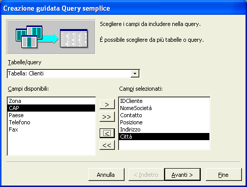 nel database. Nella metà inferiore della finestra sono presenti la casella Campi disponibili: dove si visualizza l elenco dei campi che compongono l elemento (tabella o query), da noi selezionato.