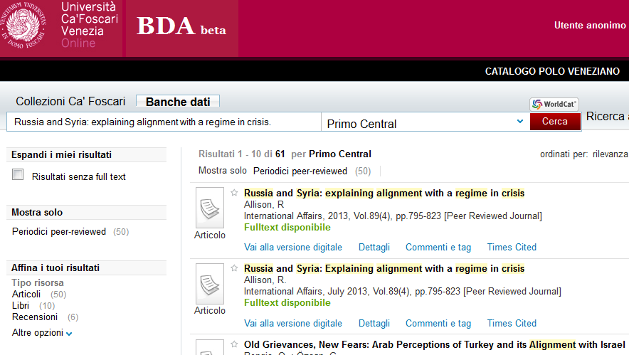 Cercare un articolo (2) Molto più rapida sarà la ricerca di un articolo utilizzando BdA Banche dati. Allison R.