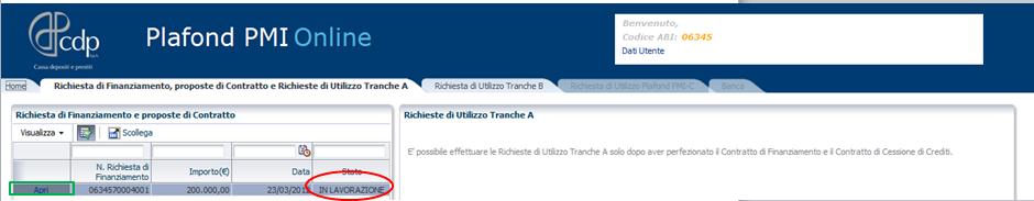 Figura 36 - Verifica Stato Pratica Post Compilazione Richiesta di Finanziamento Lo stato conferma l avvenuta ricezione della richiesta da parte di CDP, che provvede contestualmente a confermare la