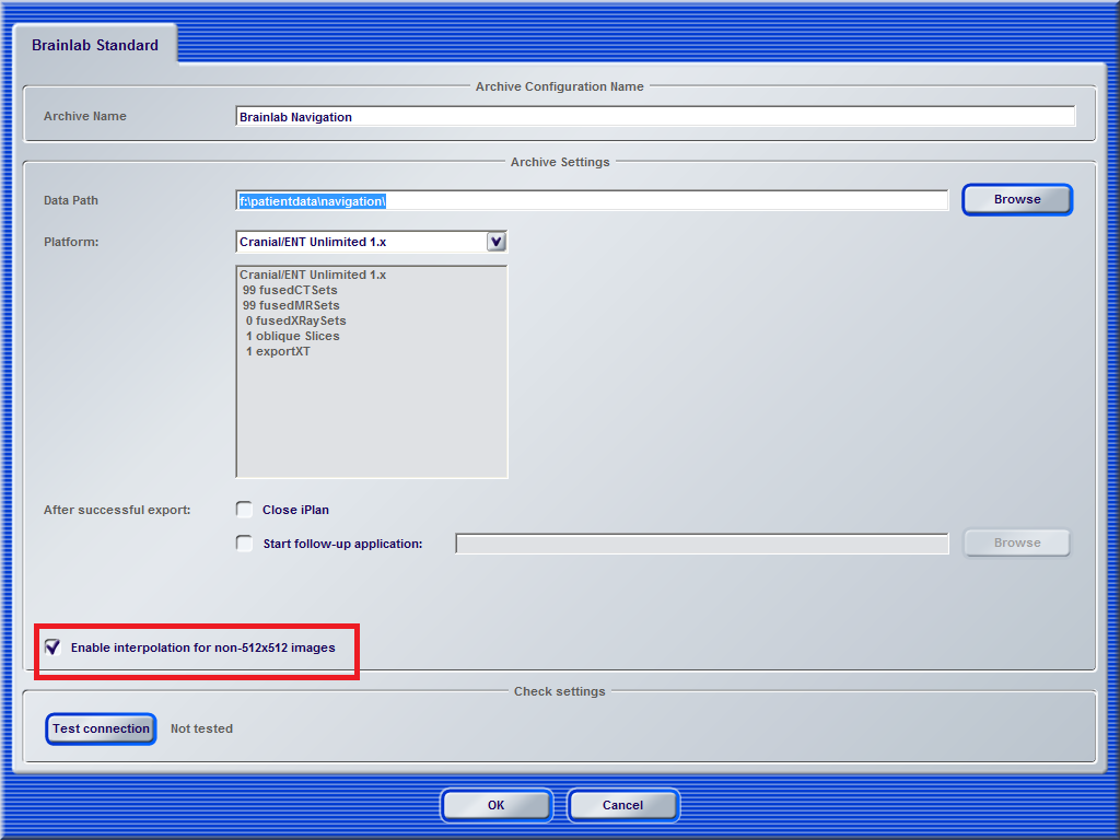 3. Si passerà alla pagina Brainlab Standard. Assicurarsi che la casella di controllo Enable interpolation for non-512x512 images sia selezionata.