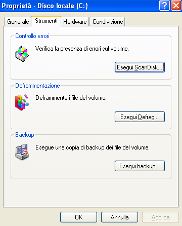 Controllo del Disco Scandisk Controllo della superficie dei disco Deframmentazione Ripristino della