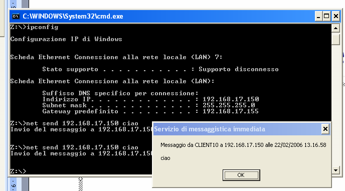 Prova di comunicazione Prompt del dos net send