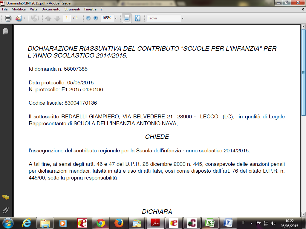 Si apre il file in PDF della domanda dove sono riportati i dati, compresi quelli del protocollo.