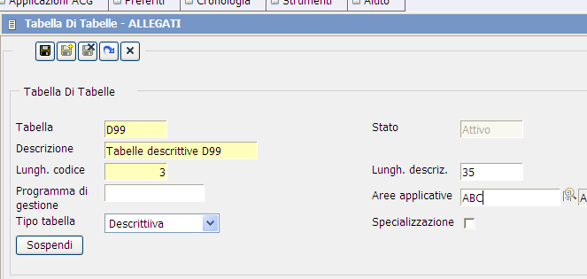 ed immettere un nuovo codice tabella, specificando i parametri richiesti (nell esempio si è creato la tabella descrittiva D99 i cui elementi devono