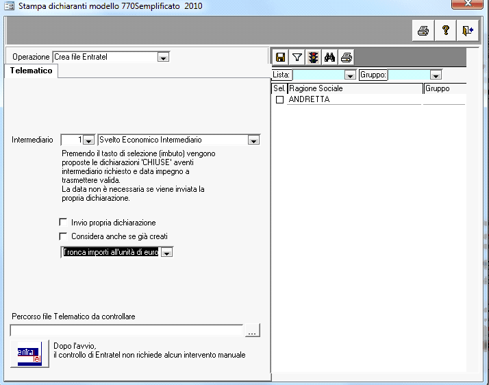 216 Conoscere RipartoIG - manuale d'uso - Stampa/anteprima - viene prodotto un file in PDF stampabile - crea file entratel - crea un file in formato Entratel che può essere trasmesso