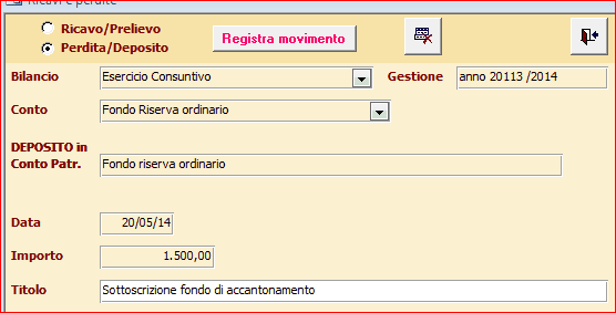 232 Conoscere RipartoIG - manuale d'uso Le opzioni da scegliere sono : 1. Perdita \ Ricavo 2. Il Bilancio d'esercizio 3. Il conto "fondo riserva ordinario" 4. la data del movimento 5.