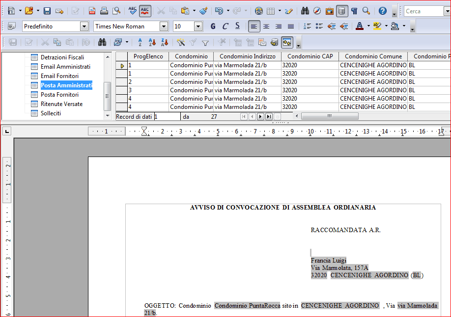 322 Conoscere RipartoIG - manuale d'uso Il modello che compare a video come lettera e che è possibile modificare prima di procedere con la stampa seleziona automaticamente il file dati di