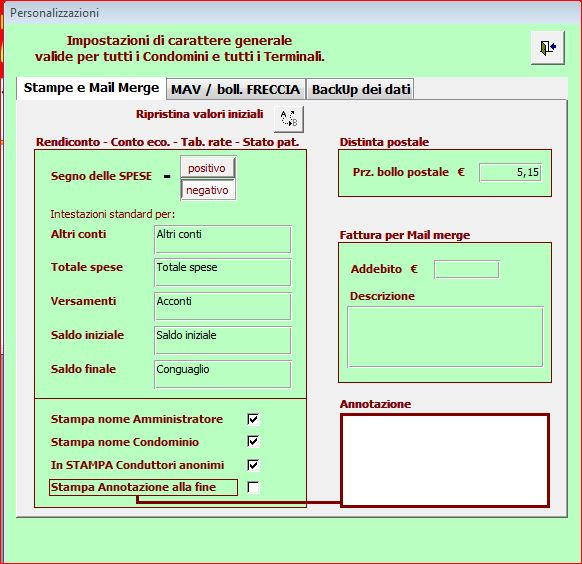 332 Conoscere RipartoIG - manuale d'uso Impostazione terminale Parametri generali di RipartoIG Sono impostazioni generali valide per tutti gli stabili gestiti Sezione Stampe e Mail merge Può essere