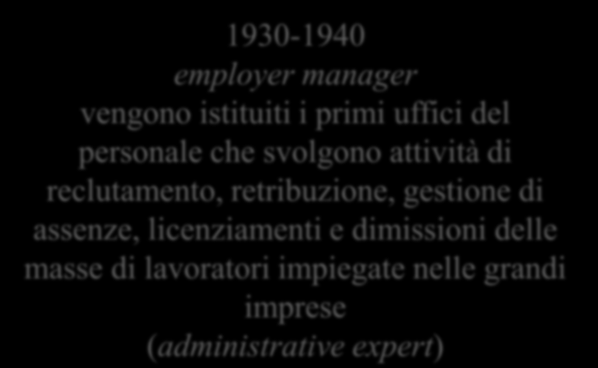 2. I ruoli di governo delle persone nelle imprese: un inquadramento storico 1900-1920 Welfare officer 1930-1940 employer manager vengono istituiti i primi uffici del 1930-1940 employer