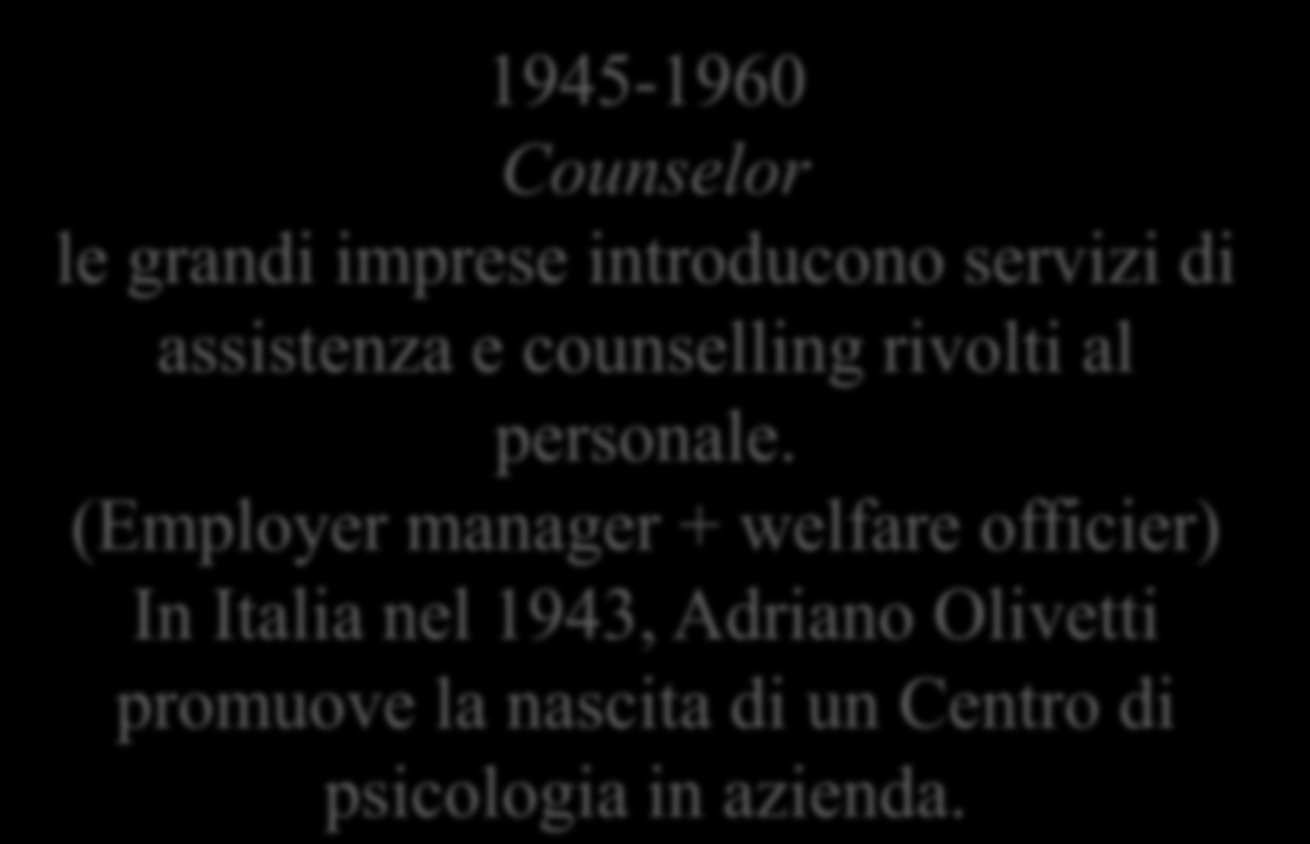 2. I ruoli di governo delle persone nelle imprese: un inquadramento storico 1900-1920 Welfare officer 1945-1960 Counselor le grandi imprese introducono servizi di 1930-1940 employer manager