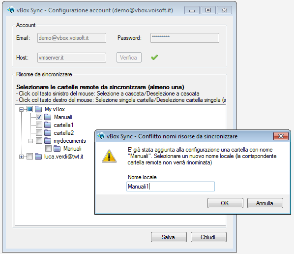 E inoltre possibile sincronizzare le cartelle appartenenti ad altri account (le cui root sono mostrate in fondo all alberatura, come la cartella luca.verdi@twt.