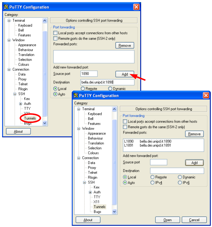 menu SSH, andare alla voce Tunnels e impostare due voci nella finestra sotto Forwarded ports : Source port: 1890 Destination: