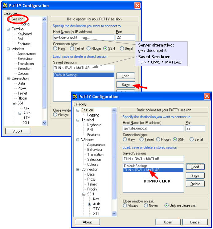 Tornare sulla voce Session (riquadro a sinistra, in alto) e impostare Host name (or IP address): gw1.dii.unipd.