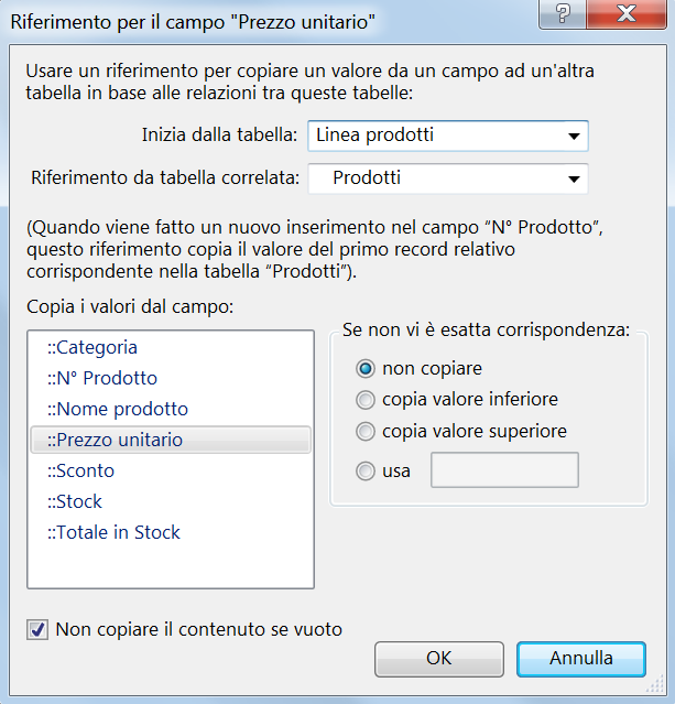 Capitolo 4 Utilizzo delle tabelle e dei file correlati 102 Selezionare il punto di partenza del riferimento Scegliere la tabella correlata per il riferimento Selezionare il campo origine del