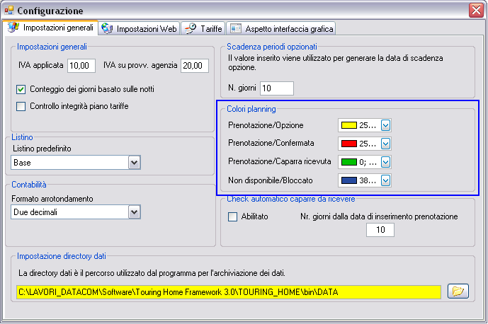 I parametri configurabili sono: Prenotazione/Opzione definisce il colore delle opzioni, ovvero le prenotazioni in stato Opzionata.