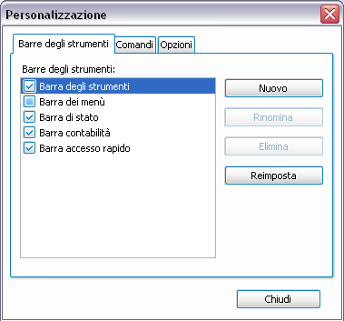 Menù di contesto per la gestione delle barre degli strumenti Personalizzare le barre degli strumenti Cliccando sul comando Personalizza sul menù di contesto associato alle barre dei menù si apre la