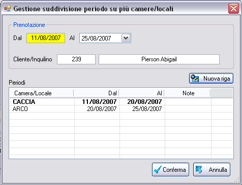 Nell imagine si può osservare chiaramente la suddivisione della prenotazione sulle due camere. Confermando infine si tornerà alla finestra della scheda prenotazione.