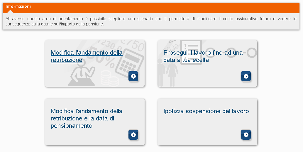 Simulazione Avanzata Scegliendo uno di questi scenari, si modificano i parametri che influiscono sull importo della pensione: Previsione dell